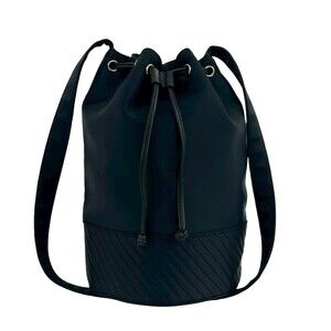 YVES SAINT LAURENT Vintage YSL Logo Nylon Leather Drawstring Shoulder Bag Nav...